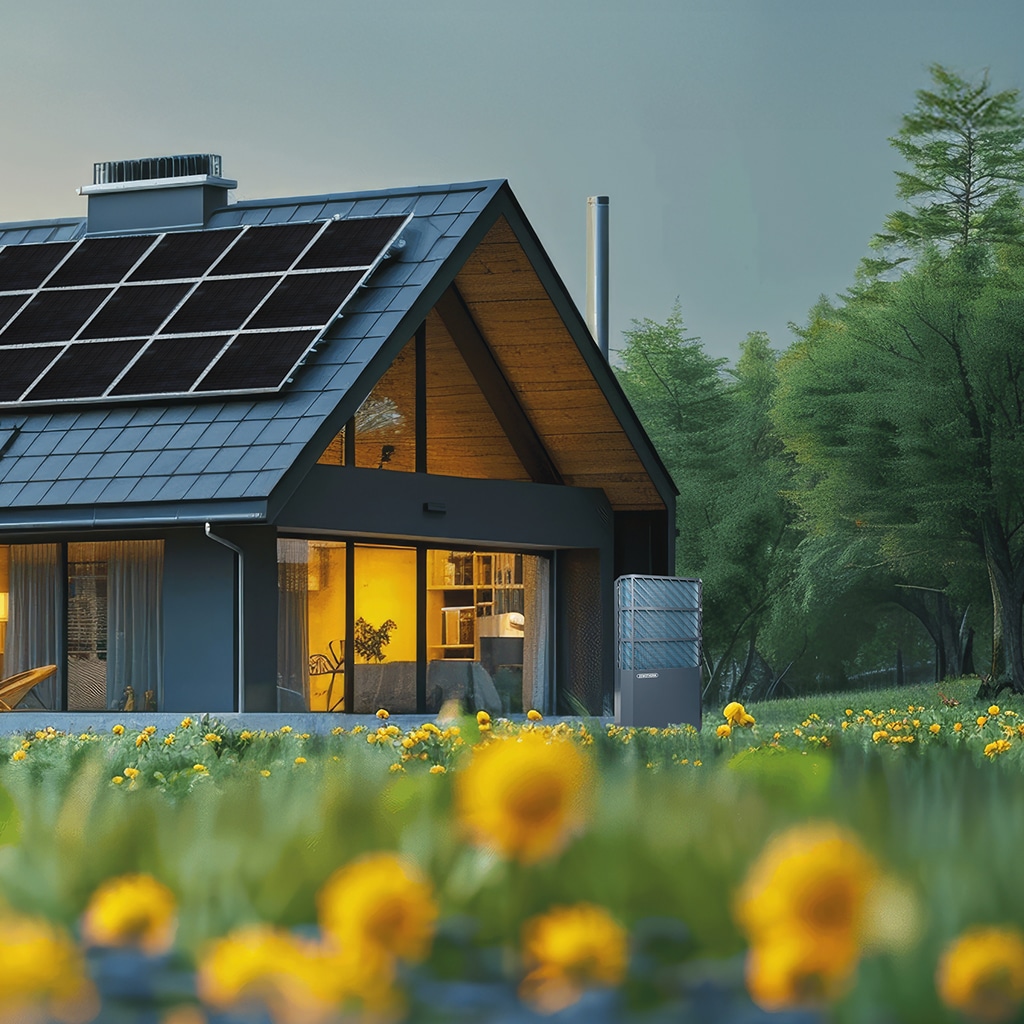 Modernes Einfamilienhaus mit Photovoltaikanlage auf dem Dach und Wärmepumpe im Garten bei Sonnenuntergang – nachhaltige Energie mit Solarität