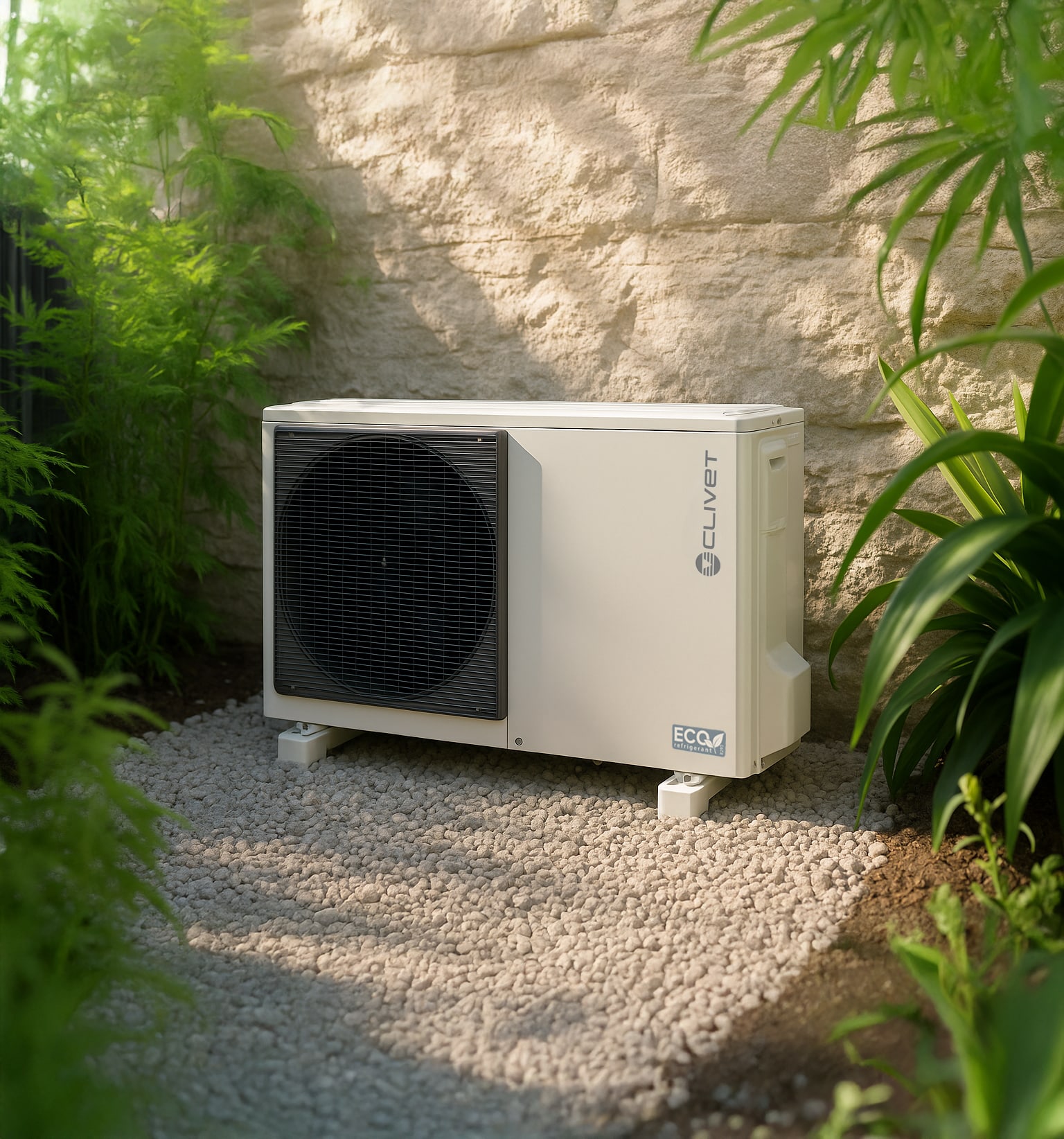 Moderne Clivet Wärmepumpe für den Außenbereich vor einer Steinwand, umgeben von Gartenpflanzen – energieeffizient und leise.