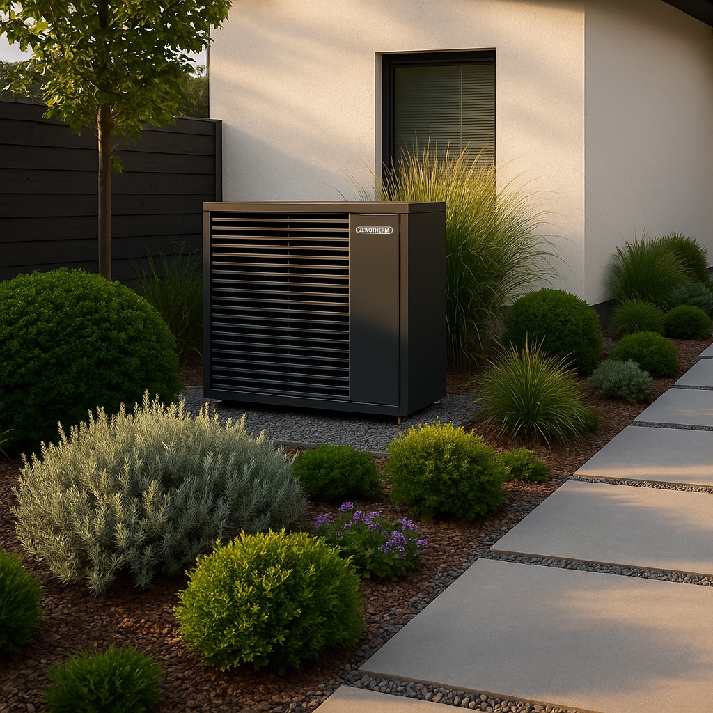 ZEWOTHERM ALPHA Wärmepumpe als Außeneinheit im Garten eines Einfamilienhauses